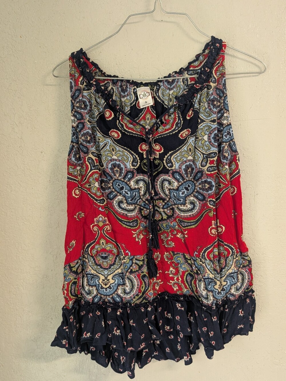 Paisley Ruffle Tank S Red Blue Tassel Boho Cottage Hippie Festival Rave Indie